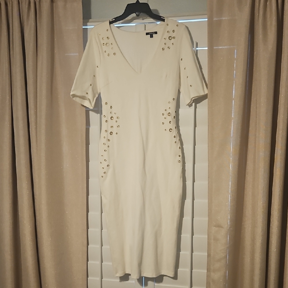 XOXO White Strchy Dress With Gold Metal Studs